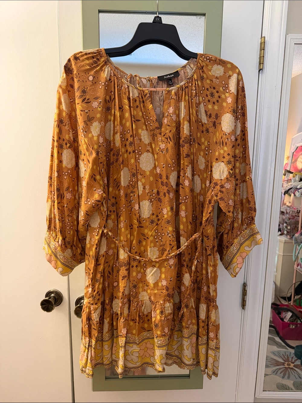Mustard Floral Peasant Mini Dress